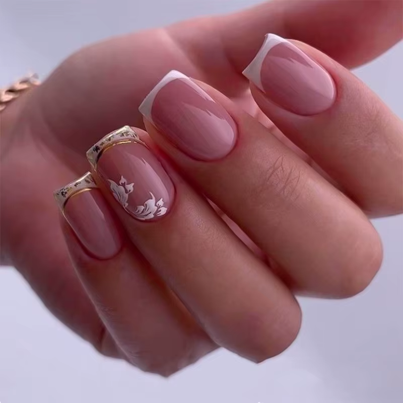 24 pièces tête carrée courte presse sur faux ongles français Simple faux ongles Art avec feuilles bl