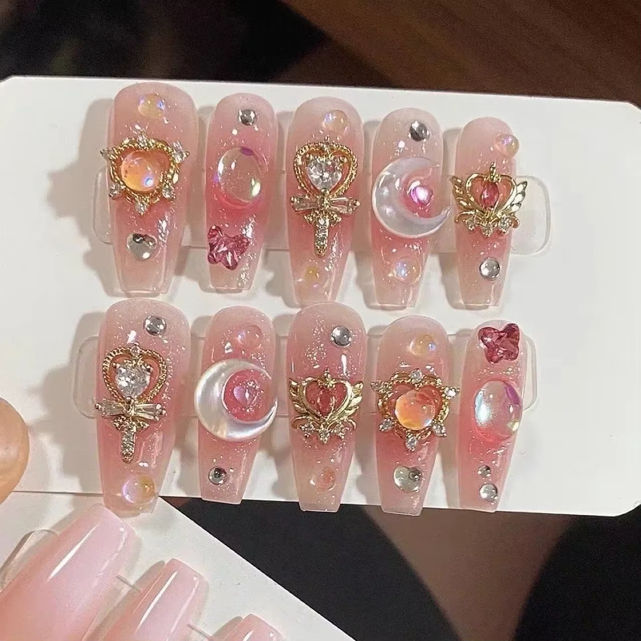 10 pièces presse à la main sur les ongles longs Ballet bleu faux ongles avec 3D océan lune strass co