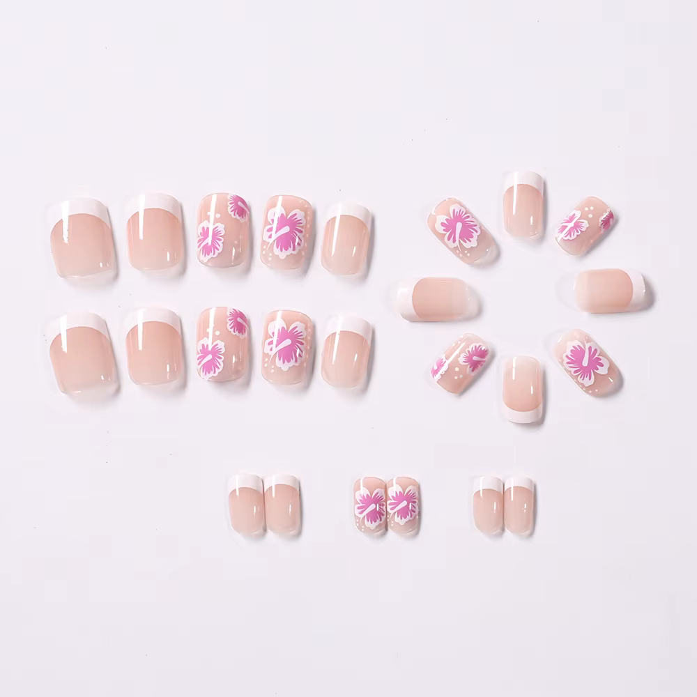 Faux ongles à fleurs françaises, 24 pièces, Design Hibiscus rose, couverture complète, pointes de do
