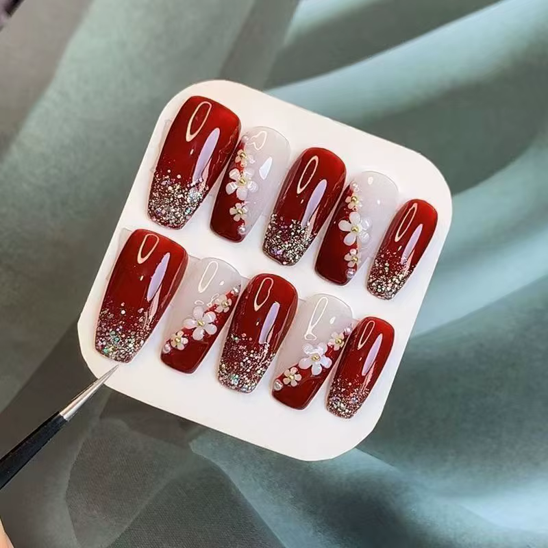 Faux ongles de mariée haut de gamme pour nail art, mi-longs, motif fleur rouge, faits main, pour le 