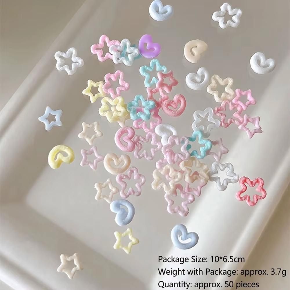 50 Pièces Breloques 3D pour Ongles, Couleurs Bonbon, Cœurs et Étoiles Creuses, Effet Sucre, Pentagra