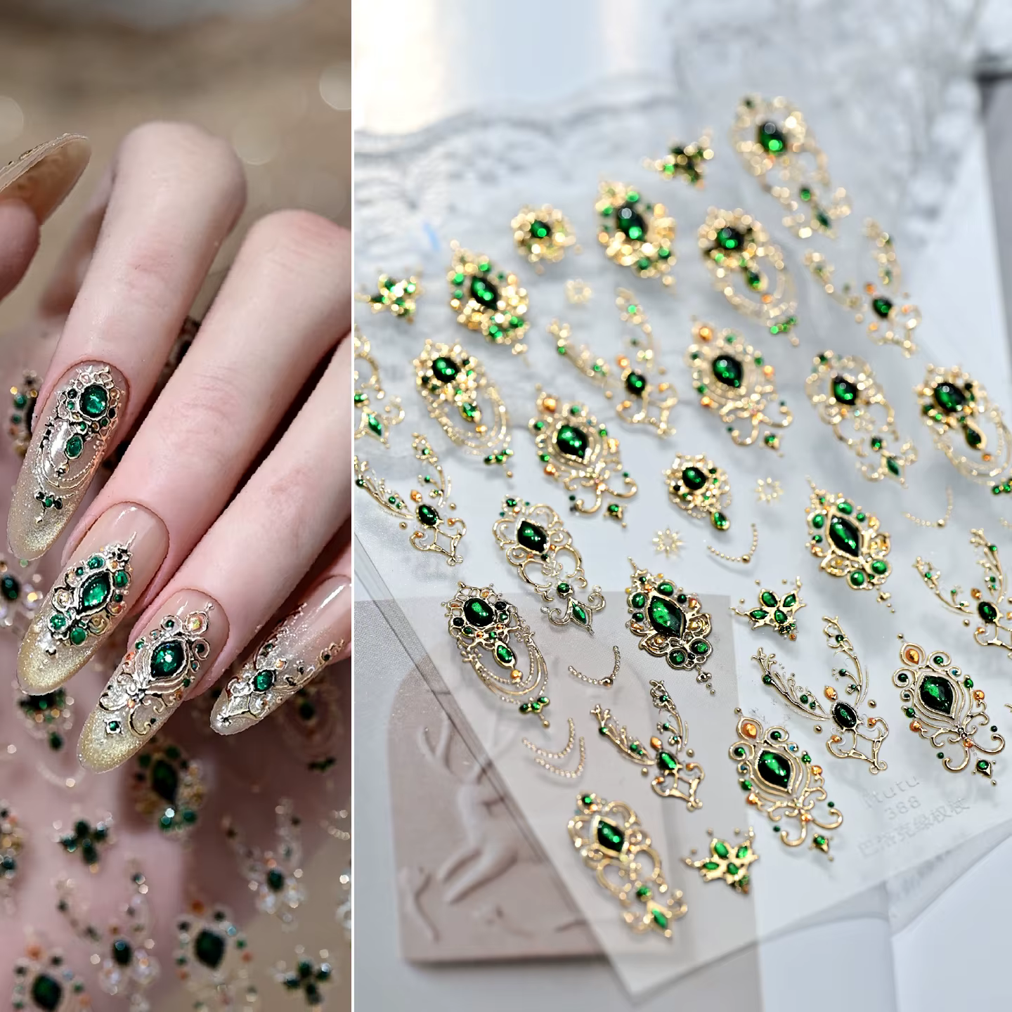 Autocollants pour ongles 5D luxueux, émeraude, rubis, sceptre baroque, palais brillant, Imitation de