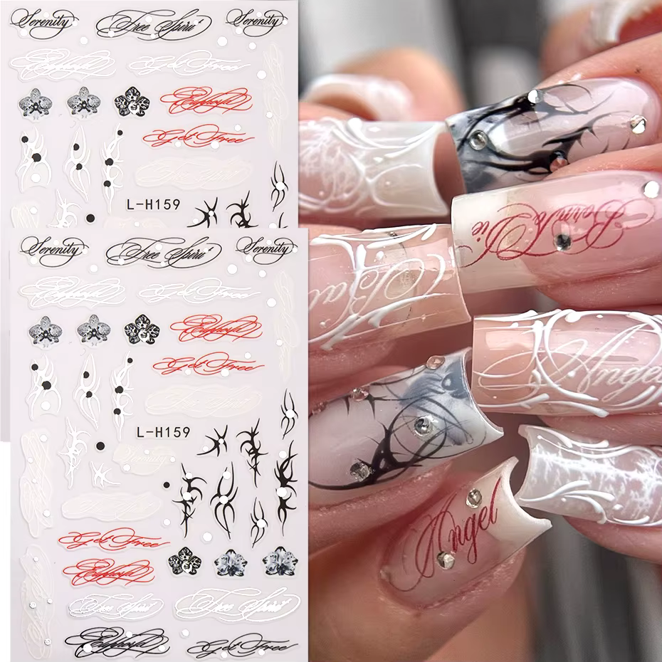 Autocollants pour ongles à motif de lettres italiques, épingles noires argentées, décalcomanies cybe
