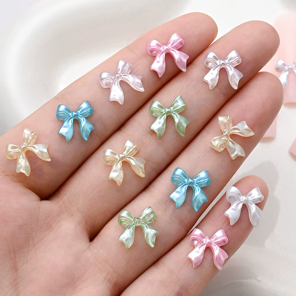 Breloques pour ongles en ruban nacré rose 3D, 100 pièces, nœud papillon en résine Kawaii, décoration
