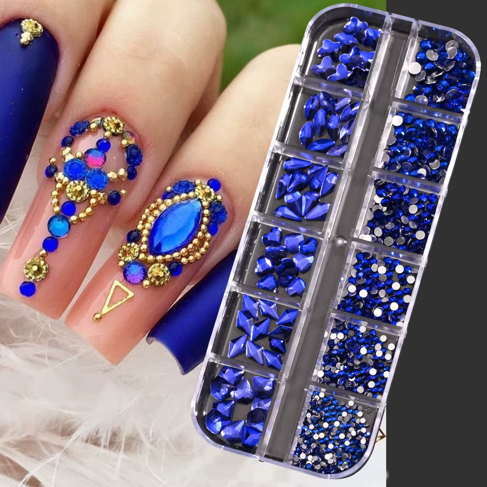 Strass pour Nail Art bleu saphir, 12 grilles, multi-formes, pierres précieuses en cristal, breloques