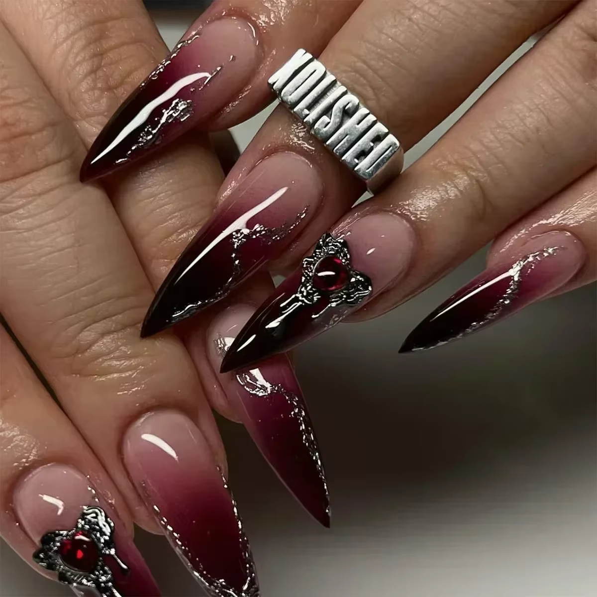 24 pièces faux ongles avec colle amande noir rouge dégradé conception détachable strass acrylique fa