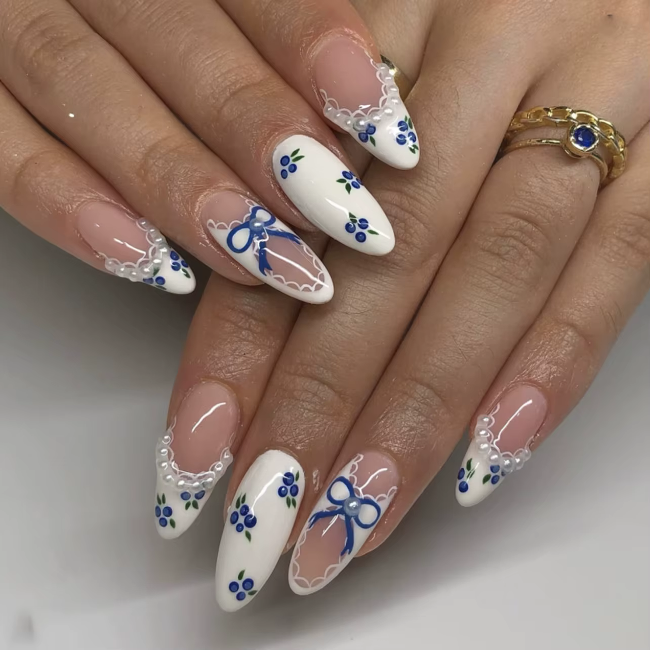 24 pièces français amande presse sur ongles motif de fleur faux ongles portable à coller faux ongles