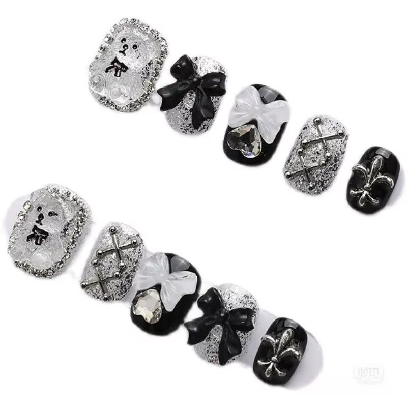 Faux ongles à porter en dentelle transparente, style Ours Lolita sombre, faits main, amovibles, avec