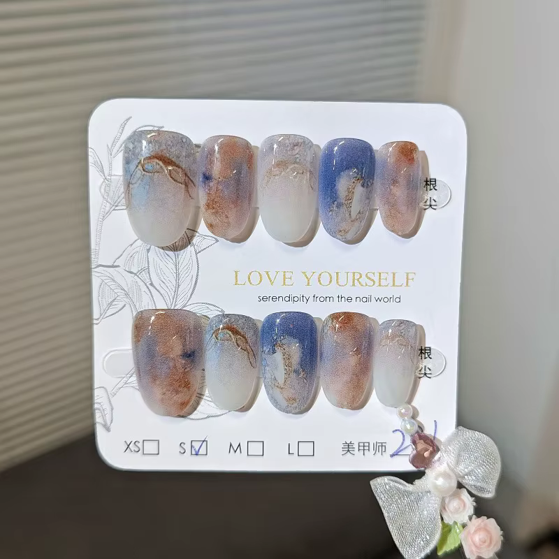 10 faux ongles à presser, style dégradé effet peinture à l'huile, pointes françaises métalliques, pa