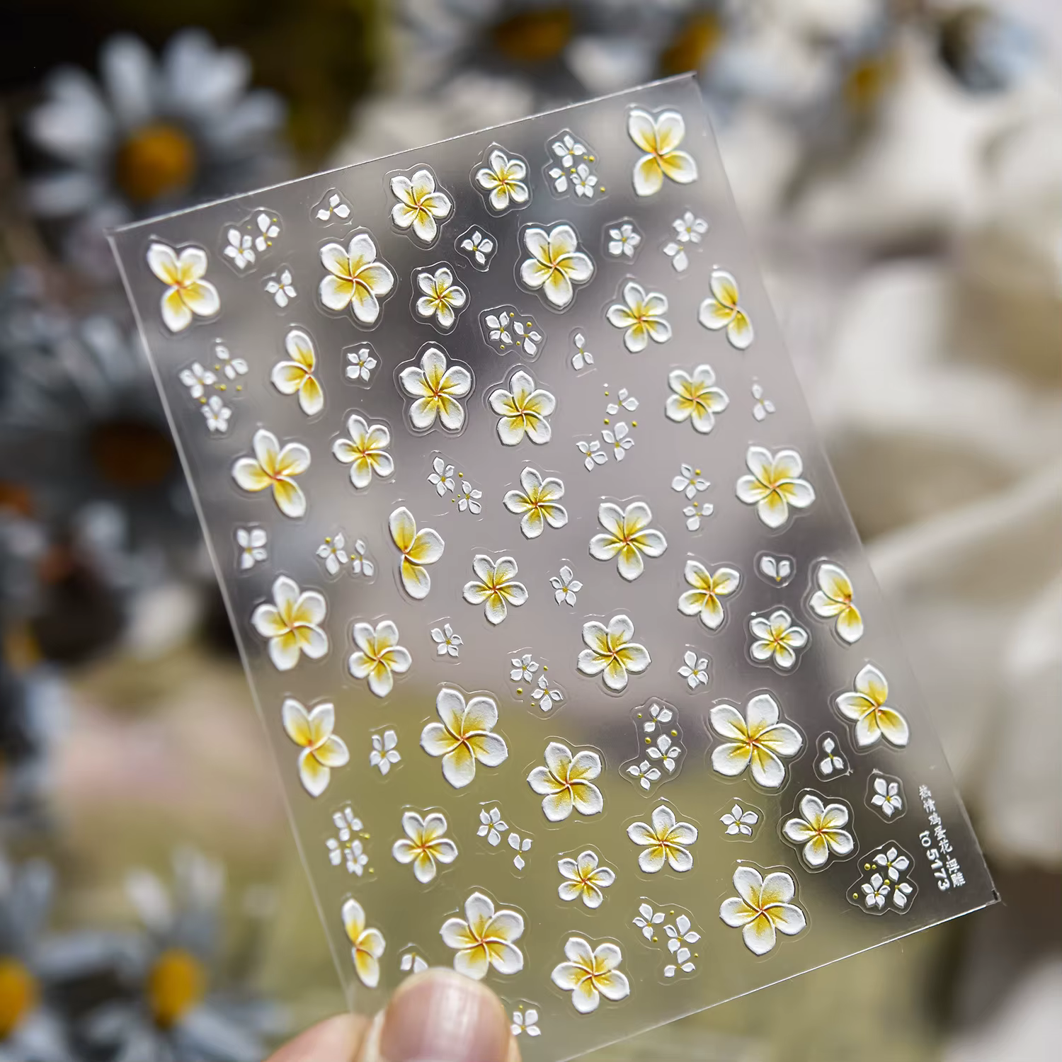 Autocollants 5D pour ongles motif fleur de frangipanier tropicale, jaune et blanc, en relief, décora