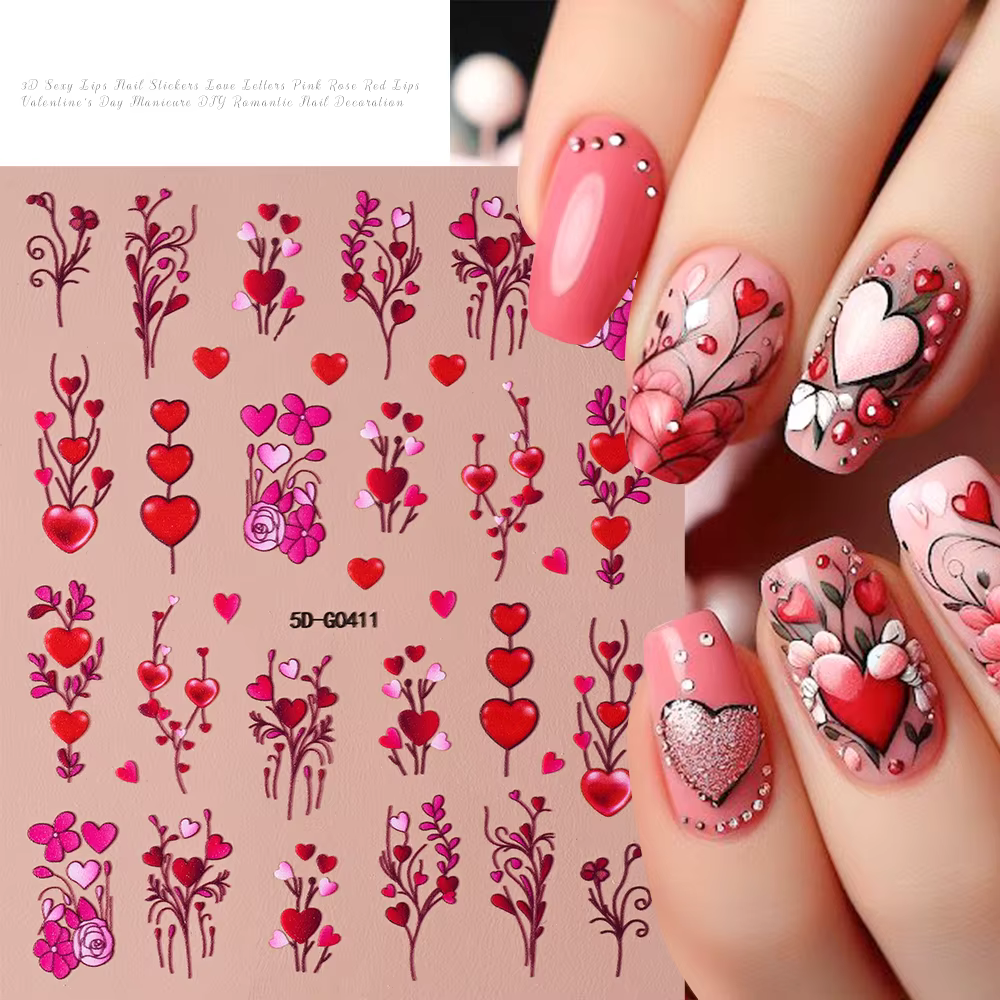 Autocollants 5D en Relief pour Ongles, Lèvres Rouges/Roses, Décalcomanies Romantiques de Luxe, Curse