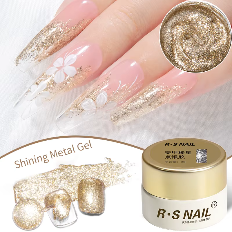 RS NAIL 8g Gel de peinture scintillant sans lingette Gel platine paillettes métallique doré argenté 