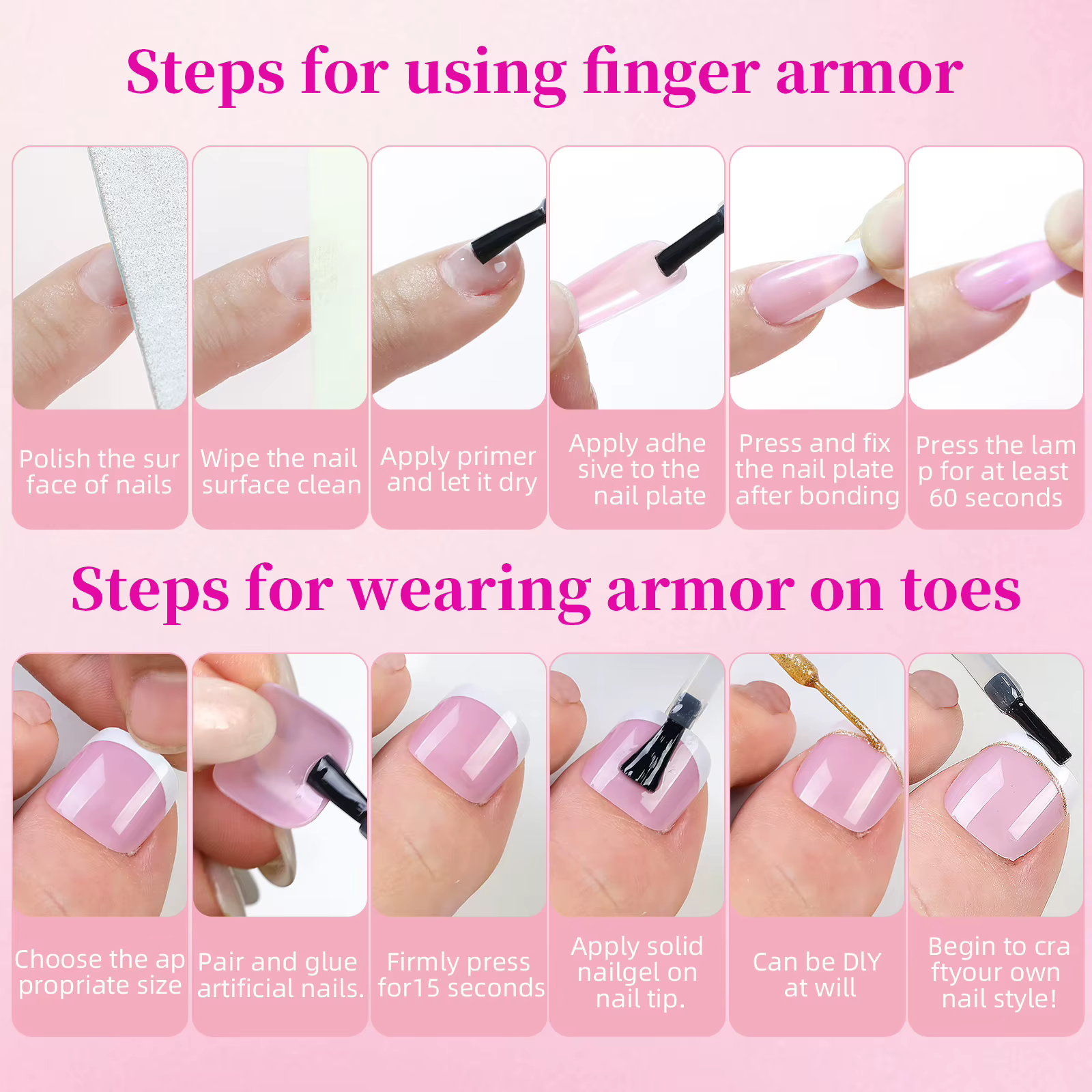 144 pièces français noir rose main et pied portant des ongles ensemble court carré faux ongles press