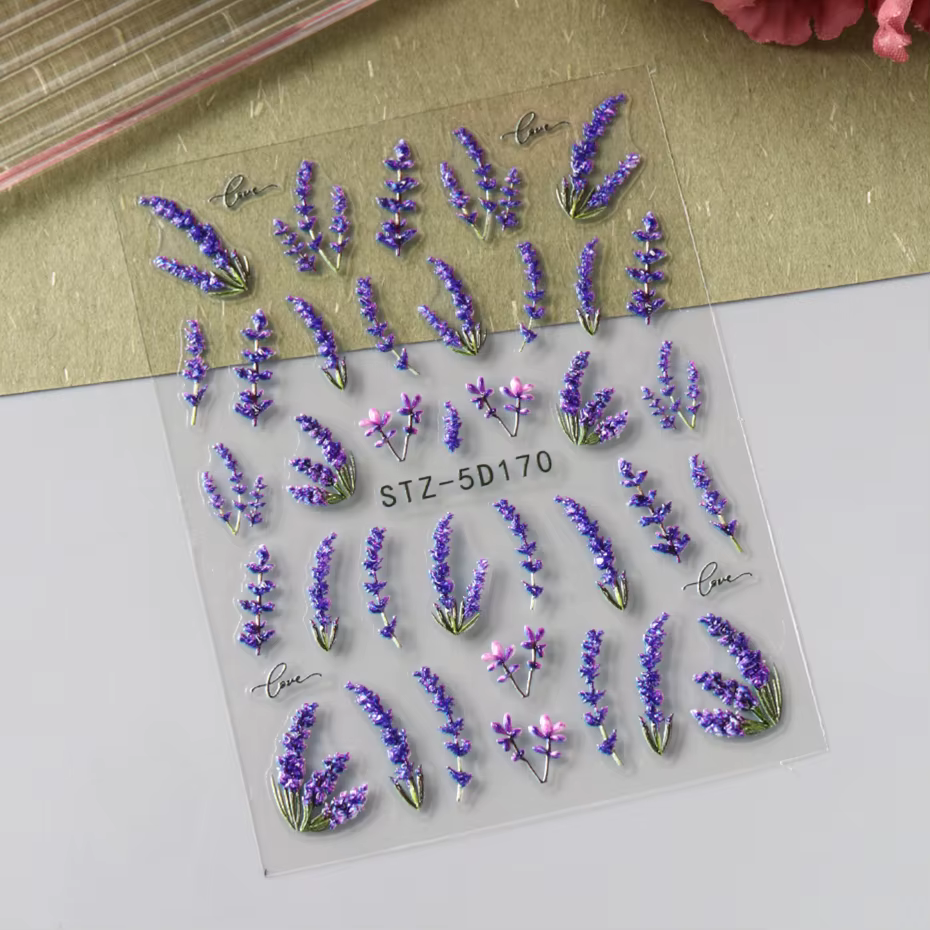 Autocollants pour ongles en relief 5D, 2 pièces, fleurs de lavande élégantes, fleurs lumineuses, aut