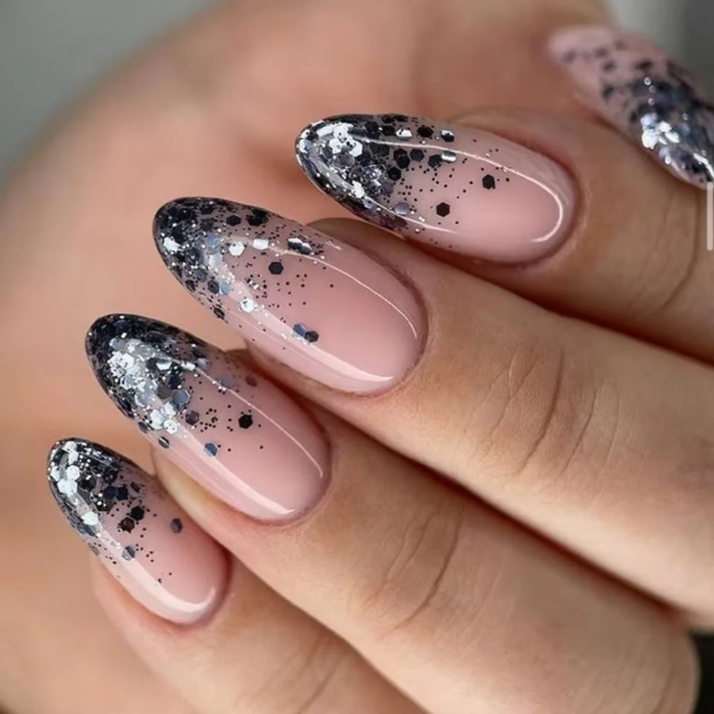 Faux ongles français à paillettes rouge vin, 24 pièces, avec colle, automne hiver, Simple, amande, c