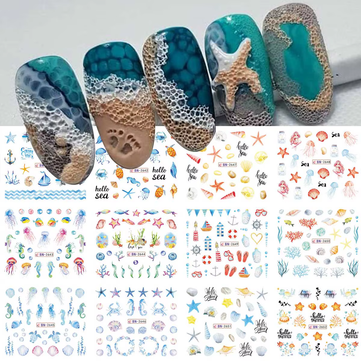 12 Motifs d'Autocollants pour Ongles Thème Océan Estival – Conques, Étoiles de Mer et Méduses Coloré