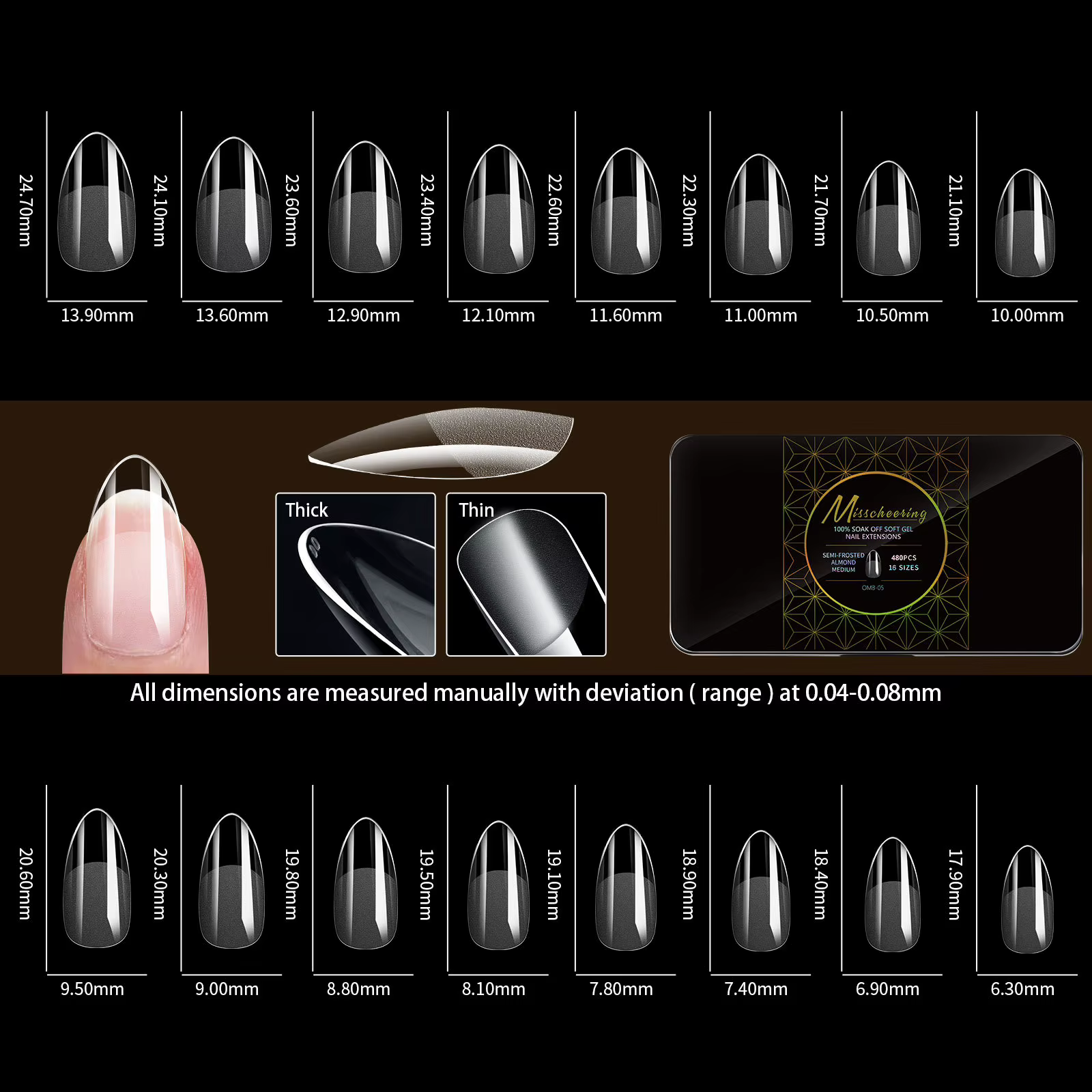 Faux-points en Gel souple, 480 pièces, cercueil carré en amande, français, demi-givré, faux ongles e