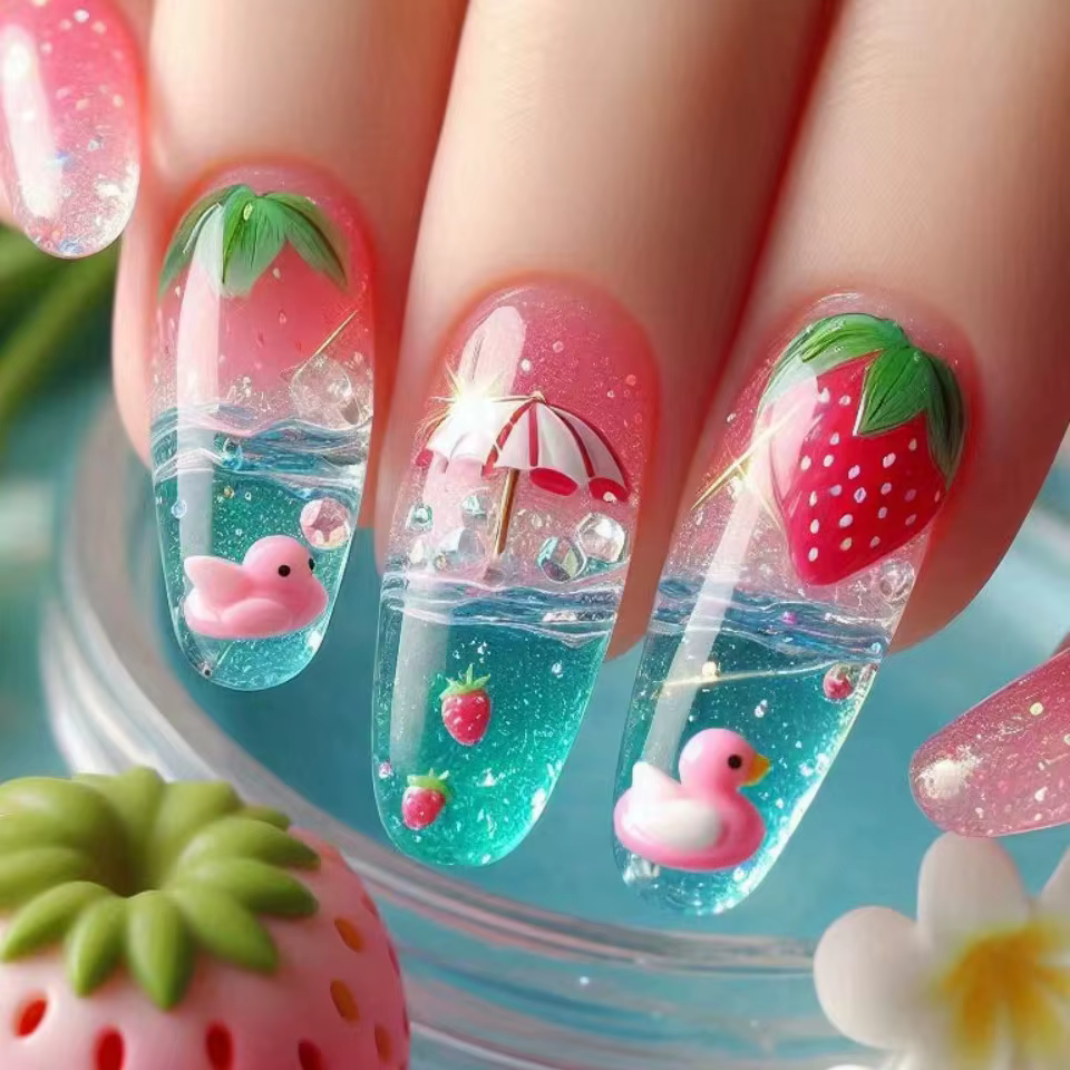 24 pièces été frais faux ongles conseils longue amande mignon monde sous-marin imprimé presse sur on