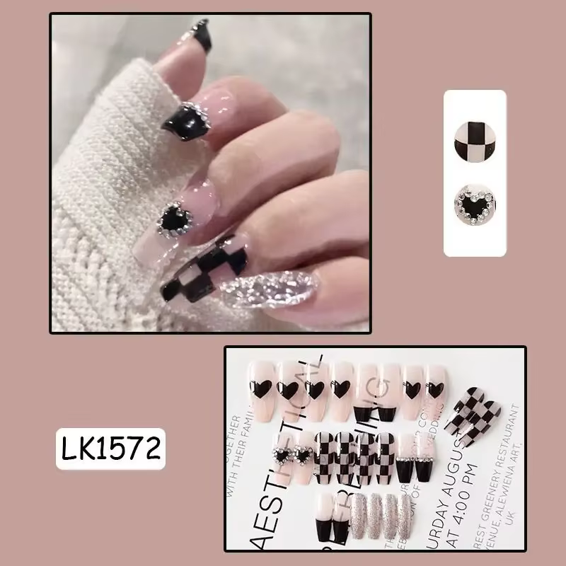 Faux ongles roses à pression, motifs d'ongles, longs pointes, formes avec bâton de colle, autocollan
