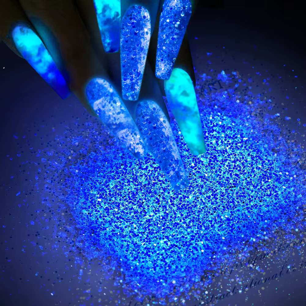 Poudre à Ongles Brillante dans le Noir, Pigment Bleu, Vert, Lumière Shoous, Poussière Phxing, Paille