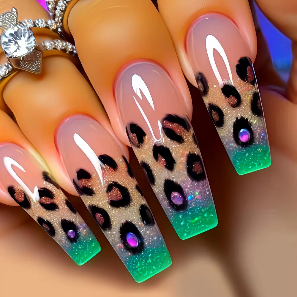 Faux ongles mi-longs pour femmes et filles Y2K, imprimé léopard dégradé coloré, pointes de cercueil
