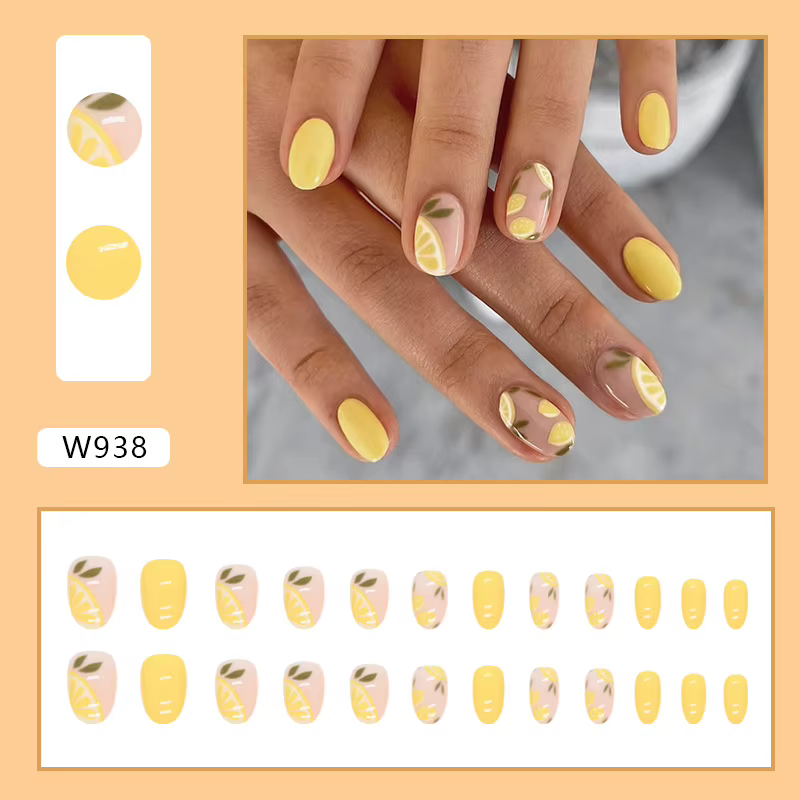 24 faux ongles ronds jaunes citron estivaux mignons avec motifs, en acrylique à presser, courts et e
