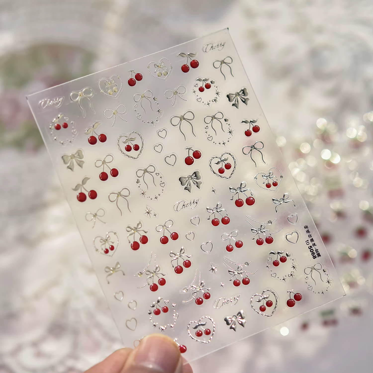 Autocollants pour ongles en métal, arc de fraise douce 5D, or, argent, fraise, cerise, décalcomanies