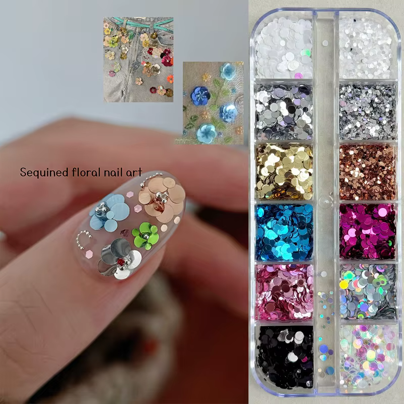 12 Grilles de Paillettes à Pois pour Décoration d'Ongles, Rondes et Colorées, Mélange de Paillettes 