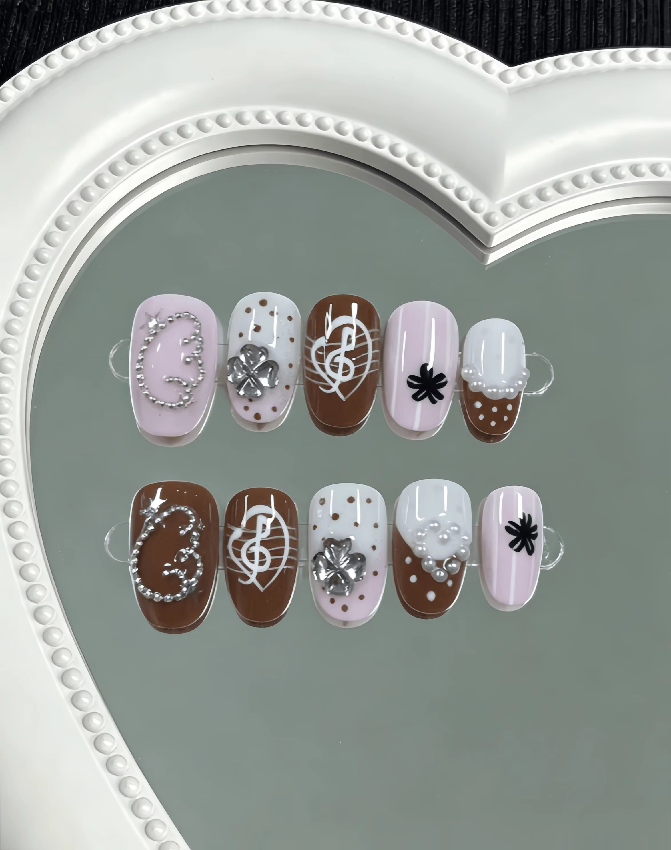 10 faux ongles faits à la main, courts, carrés-ronds, à couverture complète, de longueur moyenne, da