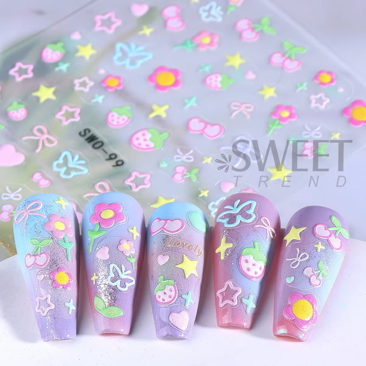 Autocollants pour Nail Art, 2 pièces, élément doux, fleur Simple, cœur, cerise, fraise, décalcomanie