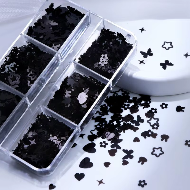6 grilles bricolage ongles manucure noir en forme de coeur papillon étoile ongles Paillettes Paillet
