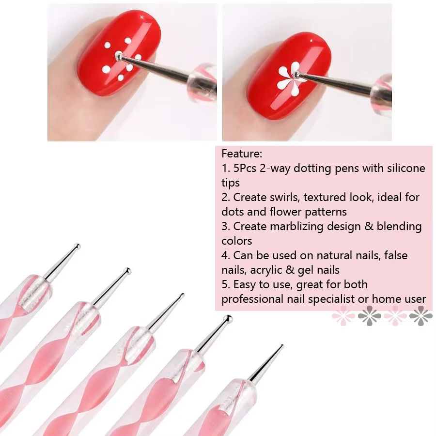 5 pièces 2 voies Nail Art acrylique Silicone pointe fleur stylo à ongles en acier inoxydable outils