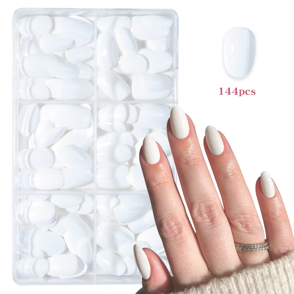 Ongles d'élipse courts 144 pièces, ongles blancs d'élégance simples et classiques, presse réutilisab