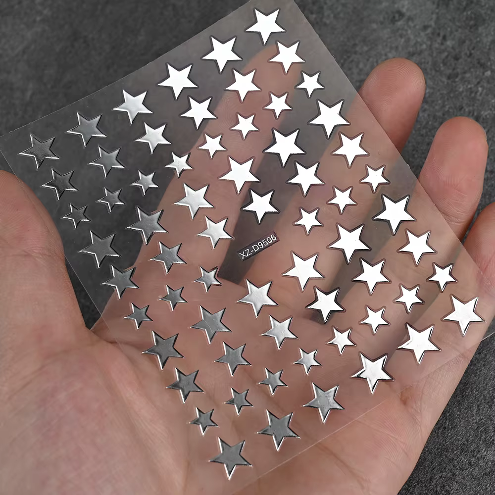 Autocollants pour Nail Art, 8 pièces, rose, or, noir, étoile, pentagramme métallique brillant, décal