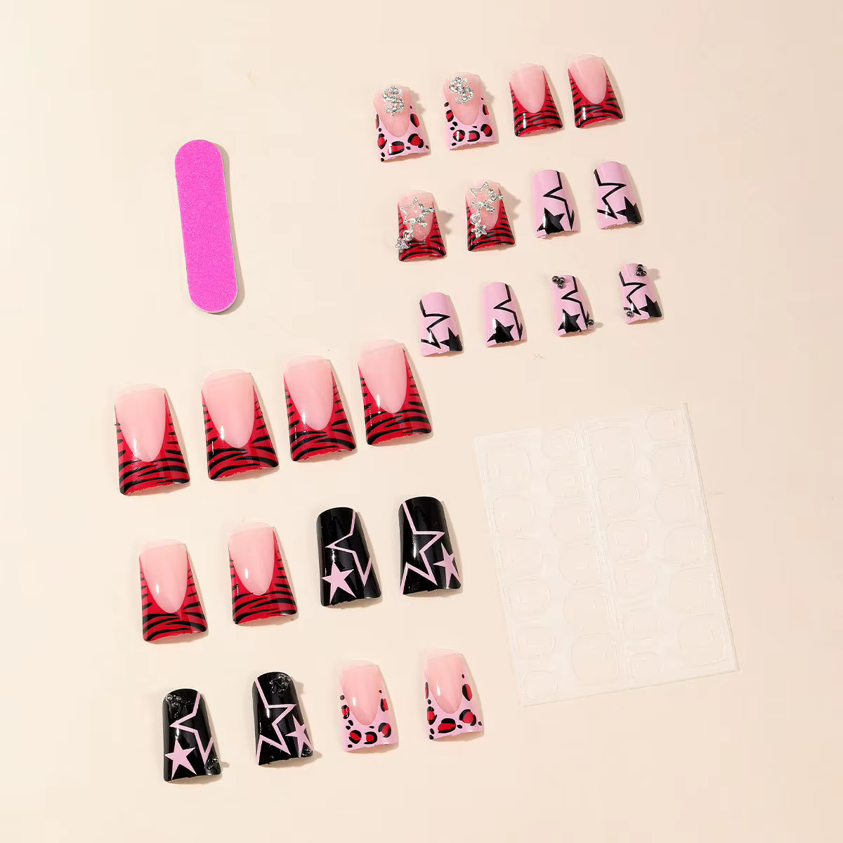 Faux ongles français léopard en bec de canard y2k, à pression, portables, Punk, avec boule, diamant,
