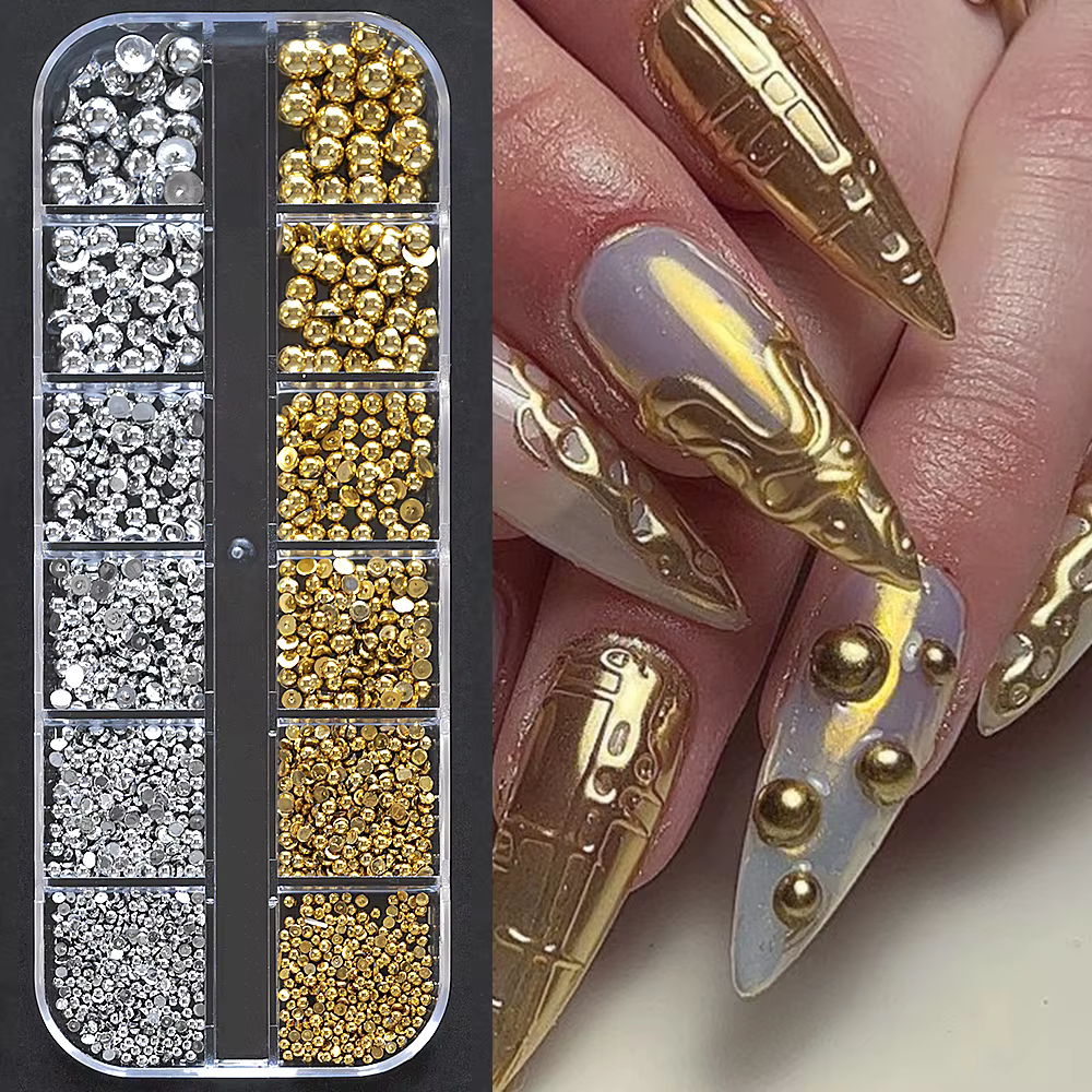 12 grilles or argent perles pour ongles 3D demi-rond perle ongles breloques métal ongles perles Cavi
