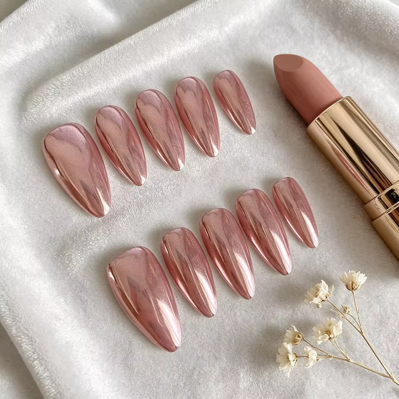 10 faux ongles press-on faits main en chrome or rose, élégants, effet miroir rose, forme amande, mig