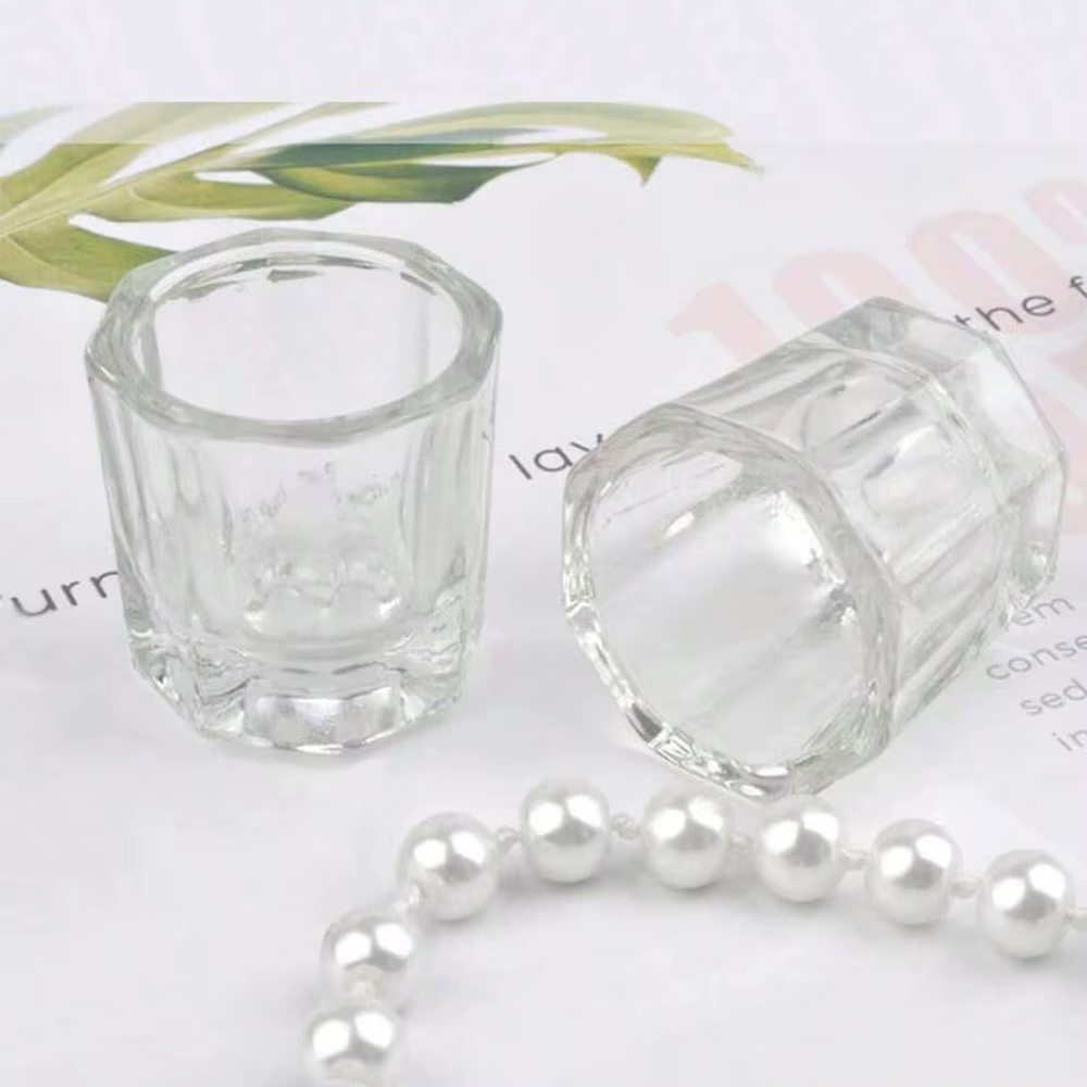 Mini verre cristal acrylique transparent, petite poudre octogonale, tasse à ongles liquide, brosse d