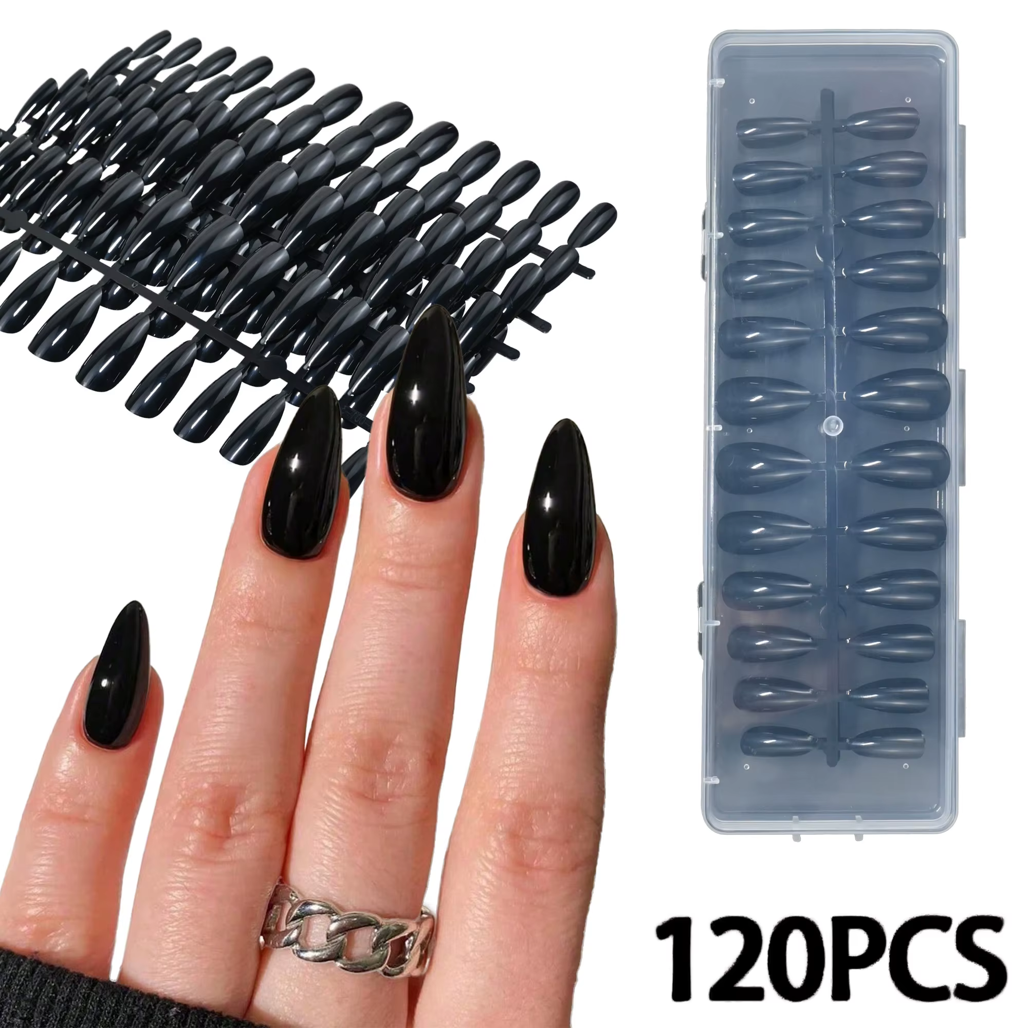 120 faux ongles noirs de forme amande, longueur moyenne, texture brillante, design amovible, pour un