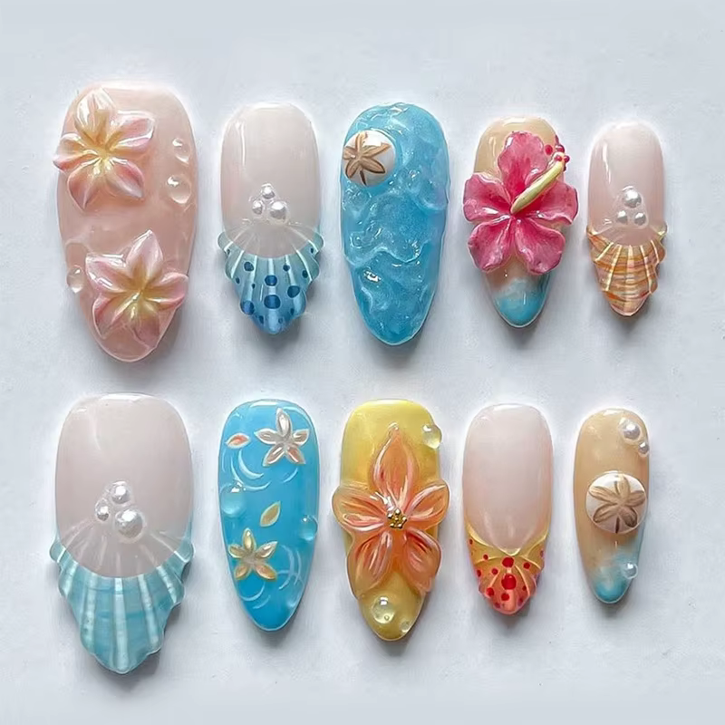 24 pièces fleur rose amande presse sur ongles Kawaii faux ongles portable ongles à coller faux ongle