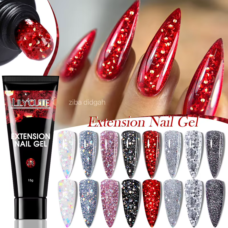 LILYCUTE 1Pc Extension rapide Gel ongles nu rose paillettes bâtiment acrylique Semi Permanent trempe