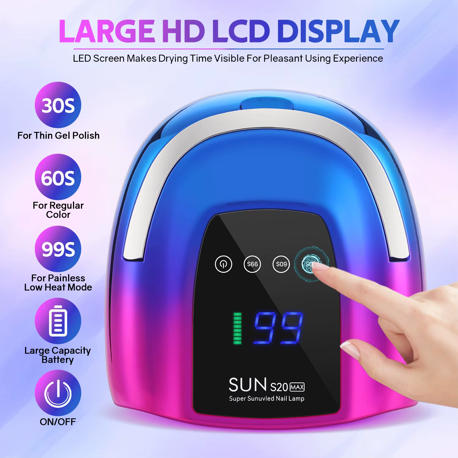 Lampe à ongles LED UV rechargeable 200W, sèche-ongles sans fil avec 3 réglages de minuterie et capte