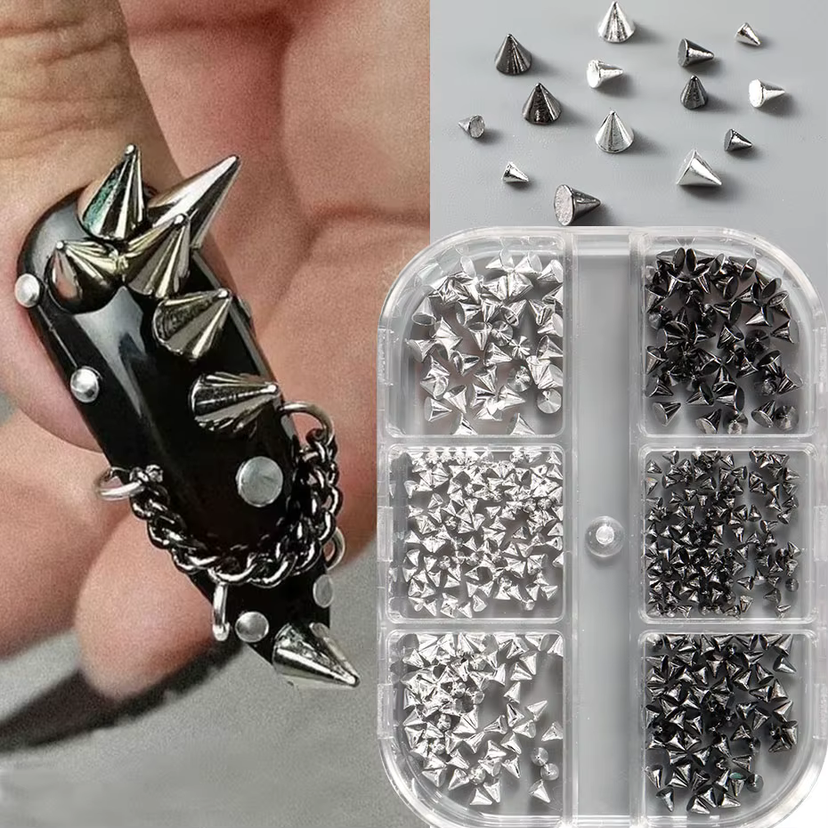 Breloques à Ongles en Forme de Cône D.lique, 6 Grilles, Noir, Argent, 1.5-3.5mm, Punk, Or, Rivet, Po