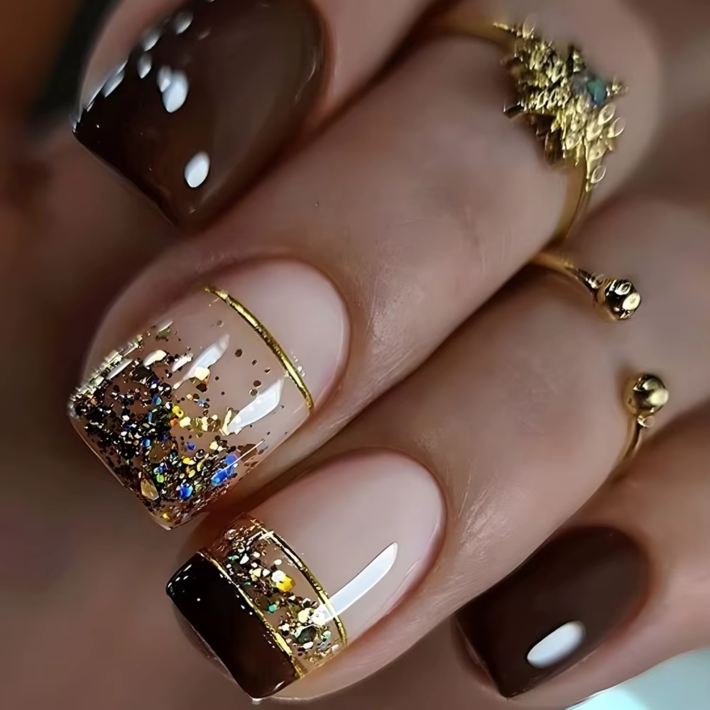 24 pièces/ensemble faux ongles carrés courts pour femmes filles faux ongles mode paillettes fleurs g