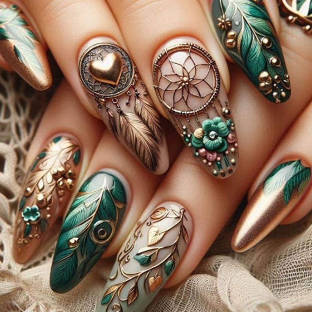 24 pièces/ensemble faux ongles mi-longs fleurs de dragon jaunes conception de plumes pour le printem