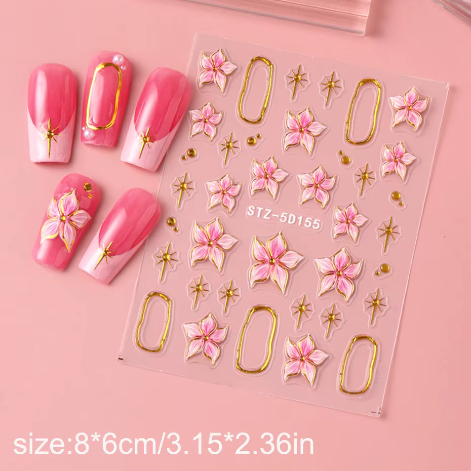 Autocollant pour Nail Art, fleur d'hibiscus en relief, fleur rose avec anneau en métal doré, décalco