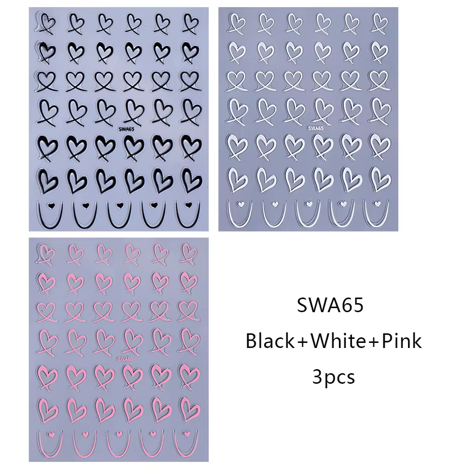 3 pièces saint valentin Nail Art autocollants 3D noir blanc rose lignes amour coeur ongles décalcoma