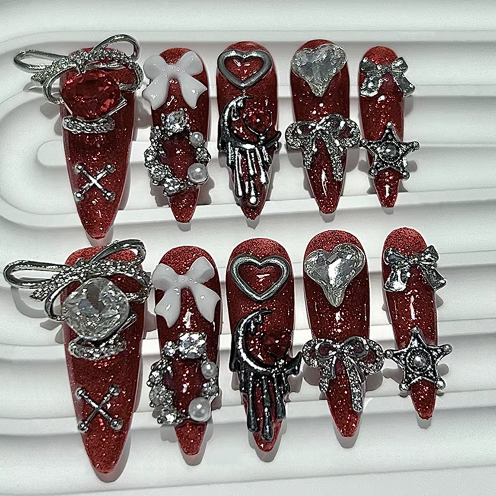 Halloween sang foncé rouge luxe à la main presse sur les ongles 3D arc étoile amour diamant paillett