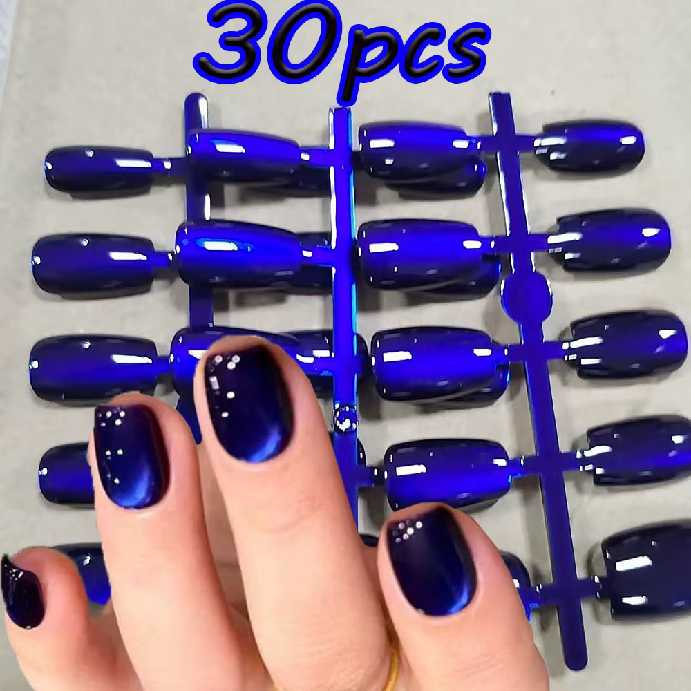 30 pièces faux ongles en Gel œil de chat bleu profond XS/S/M couverture complète carré conception de