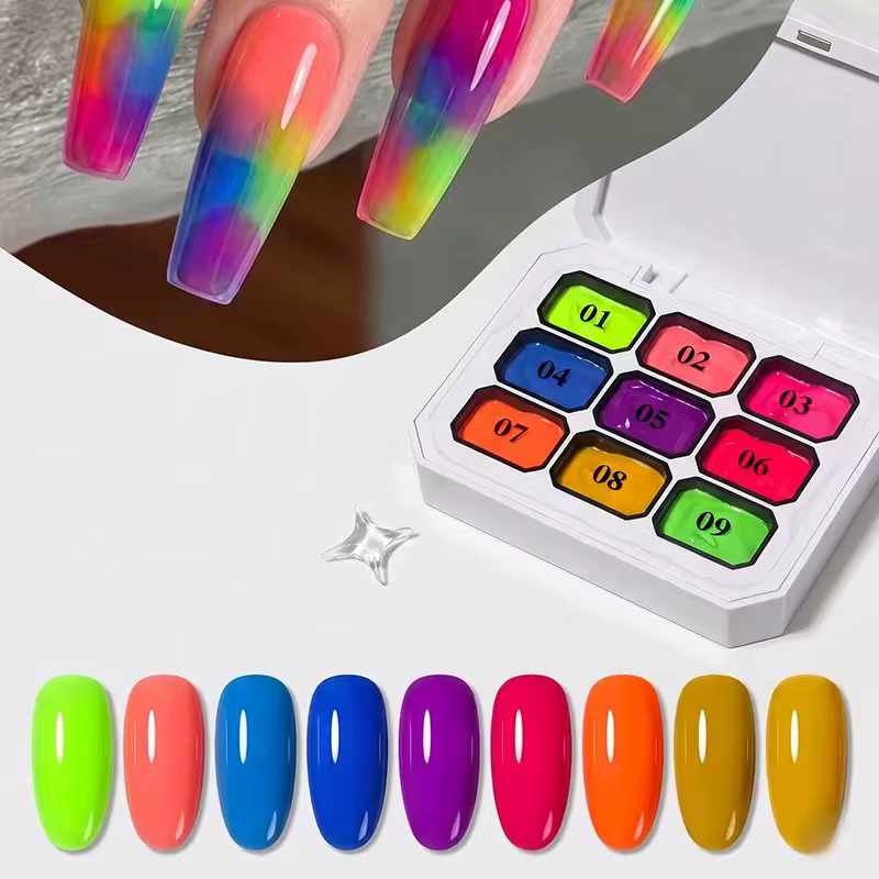Gel UV 9 couleurs fluo néon solide en grille de neuf carrés, gel à ongles UV, gel blush dégradé à ap